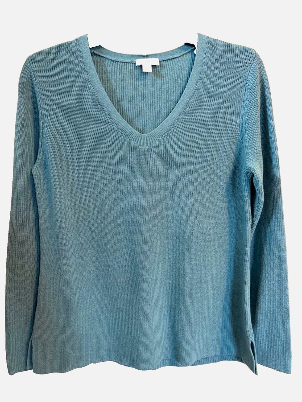 J.Jill Petite S Teal V Neck Sweater Cotton Blend Textured Knit Side Slit Cuffs